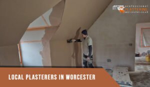 Professional plasterers in Worcester working on wall skimming