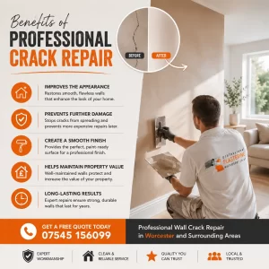 Professional plasterer repairing a cracked wall in Worcester, creating a smooth paint-ready finish and preventing further wall damage.
