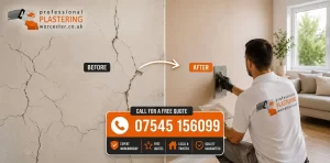 Before and after wall crack repair in Worcester showing a damaged cracked wall transformed into a smooth plastered finish by a professional plasterer.