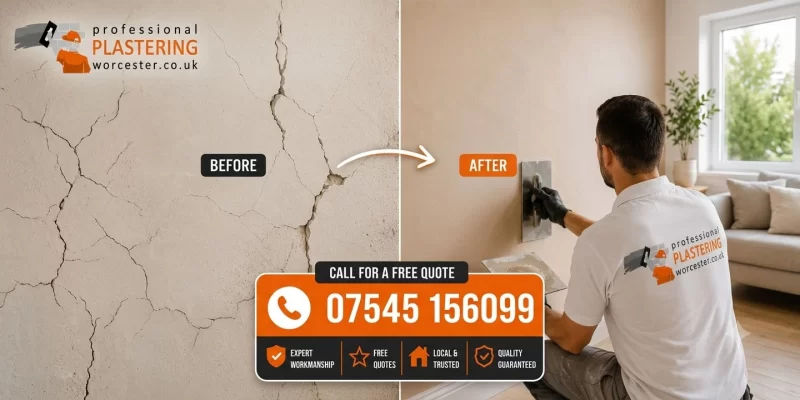 Before and after wall crack repair in Worcester showing a damaged cracked wall transformed into a smooth plastered finish by a professional plasterer.