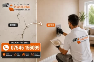 Before and after wall crack repair in Worcester showing a damaged cracked wall transformed into a smooth plastered finish by a professional plasterer.