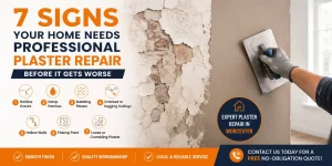 Professional plaster repair in Worcester showing damaged plaster walls being repaired to create a smooth, flawless finish for homes in Worcestershire.