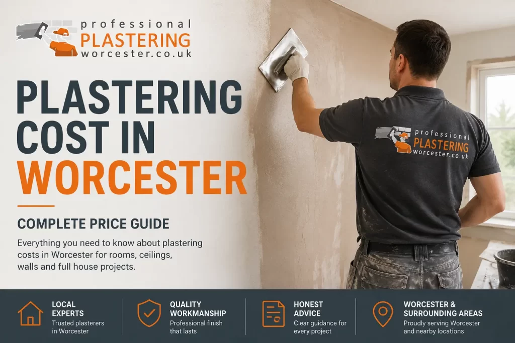 Professional plasterer skimming an interior wall during a home renovation project in Worcester.