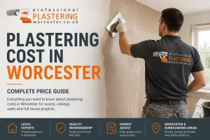 Professional plasterer skimming an interior wall during a home renovation project in Worcester.